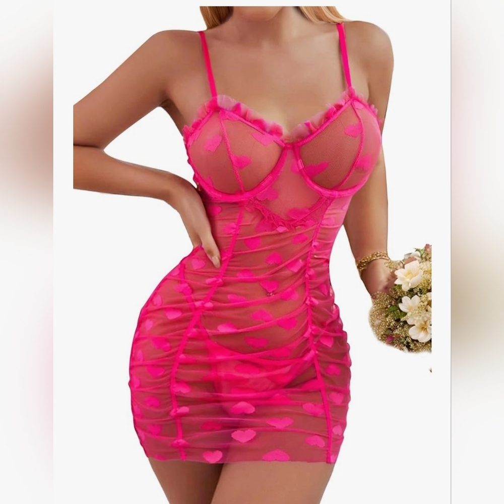popiv Women Sexy Lace Heart Embroidery Nightgown Sheer Babydoll Lingerie Dress